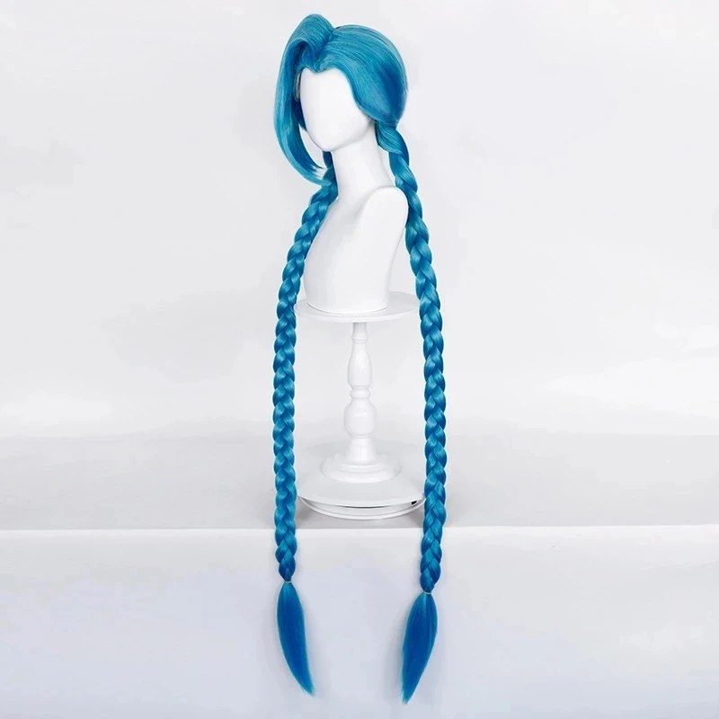 LOL Jinx Cosplay Perücke Lange Geflochtene Blau Die Lose Kanone Perücke mit Blau Braid Hitze Beständig Synthetische Haar Anime Perücken + perücke Kappe