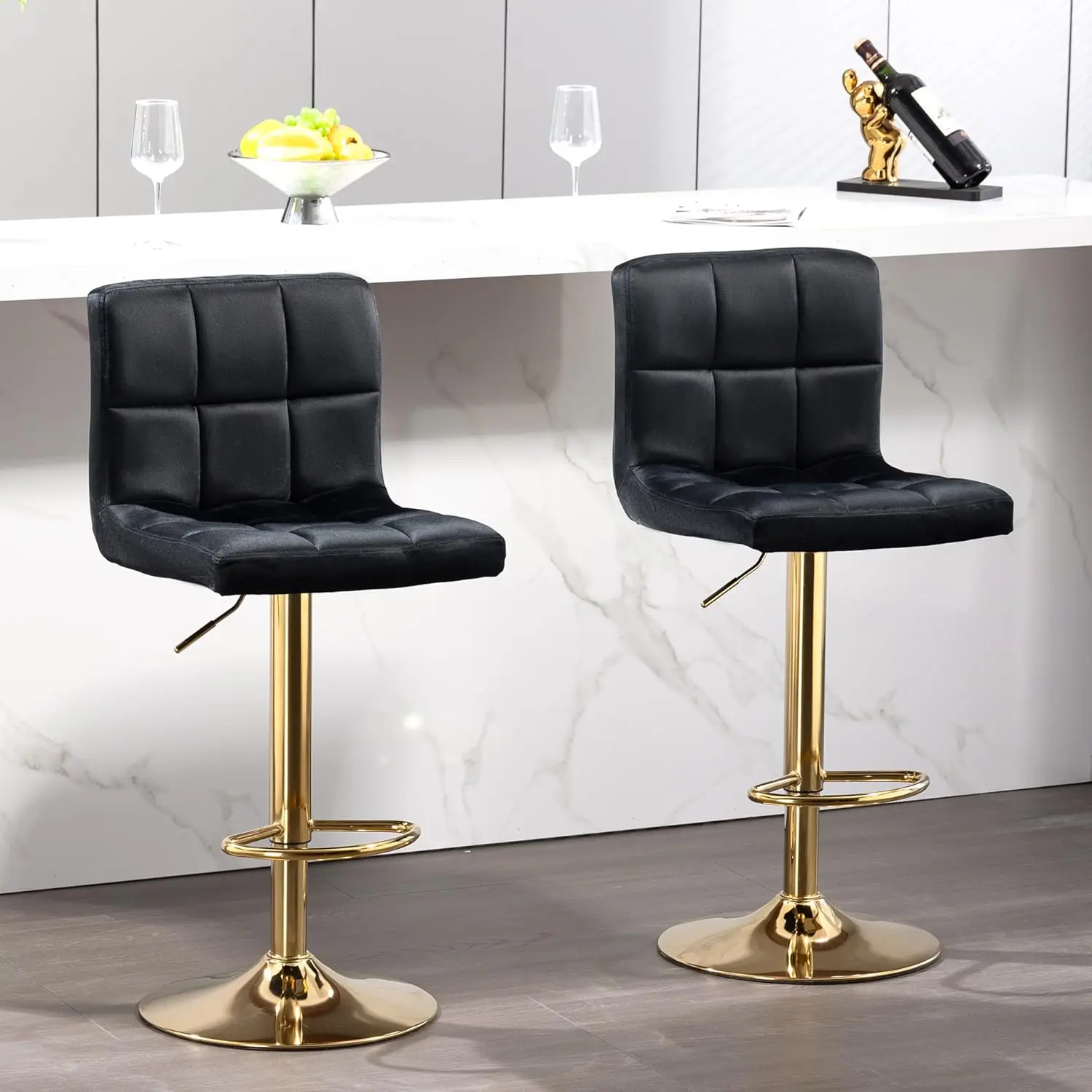 

Gold Bar Stools Set Of 2 Velvet Fabric, Swivel Barstools With Footrest And L Shape Thicken Cushion Back, Adjustable Arml