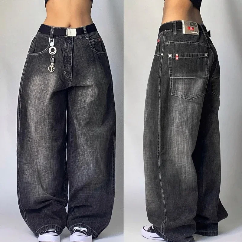 Y2K Harajuku Street Wear Oversized Printed Loose Jeans Hip-Hop Retro Pop Ear Goth High-Waisted Jodhpurs Wide-leg Pants Trousers