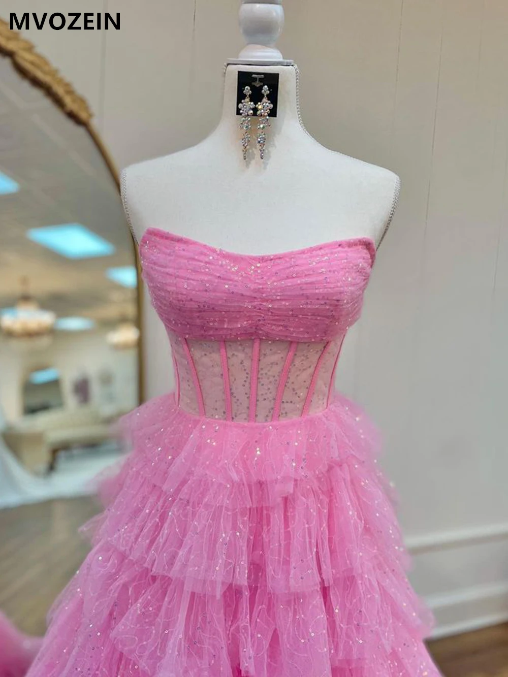 MVOZEIN couches rose robes de bal 2025 bretelles dos nu longue robe de soirée robes de soirée robe d'occasion formelle brillant Tulle