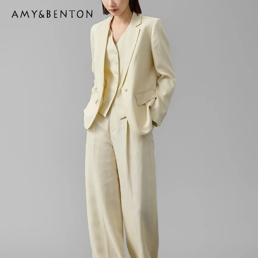 One Button Suit Jacket Slim Vest Wide-Leg Pants Three-Piece Sets Women Spring and Summer New Commuter Style Professional Outfits