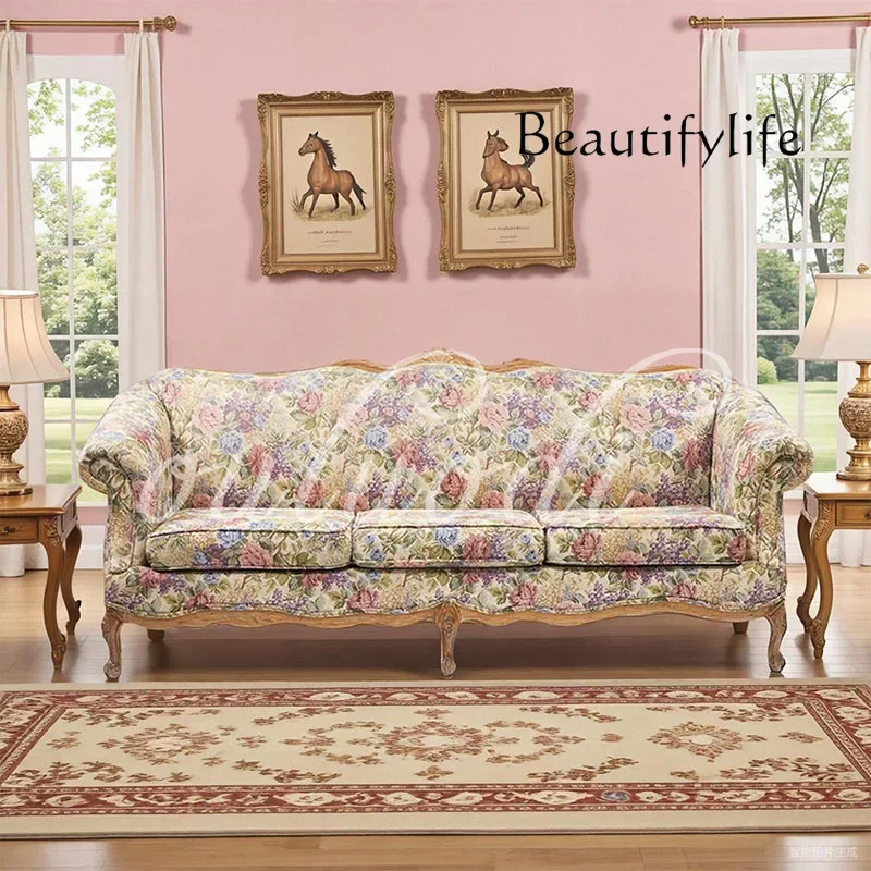 AS American Printed Solid Wood Sofa Living Room High-end Straight Row Fabric Sofa French Country Small Apartment Three-person So