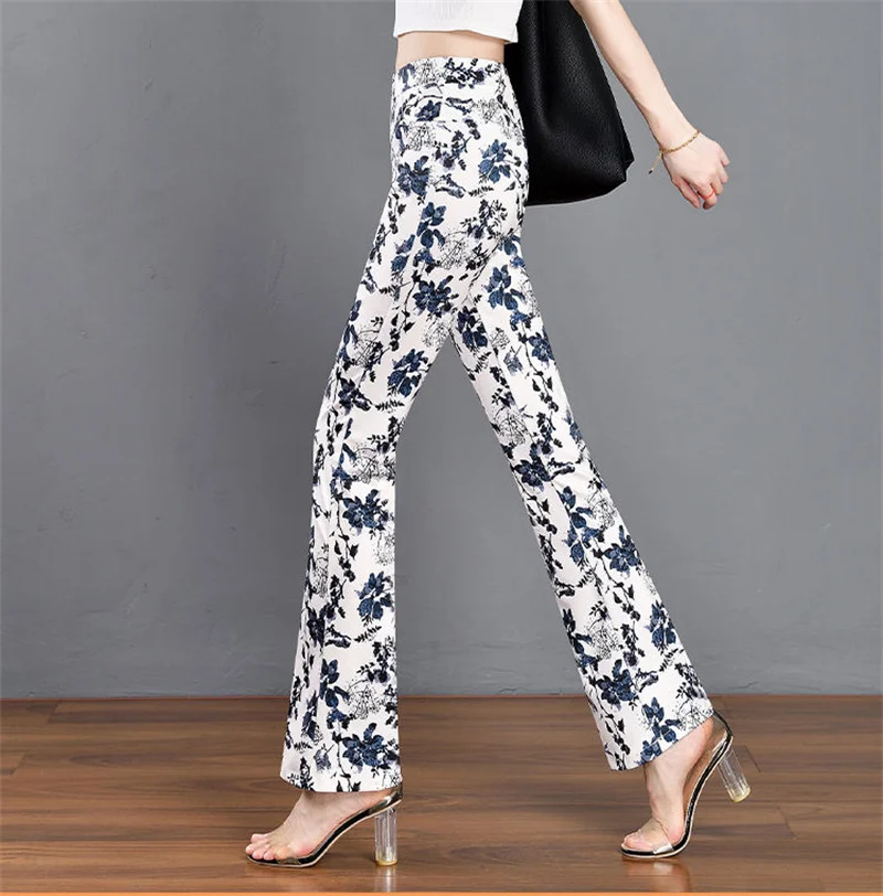 Printed Cui Hua Micro Horn Summer Elastic Waist Joker 2024 New Slim And Slim Elastic Force Trumpet Trousers Craze