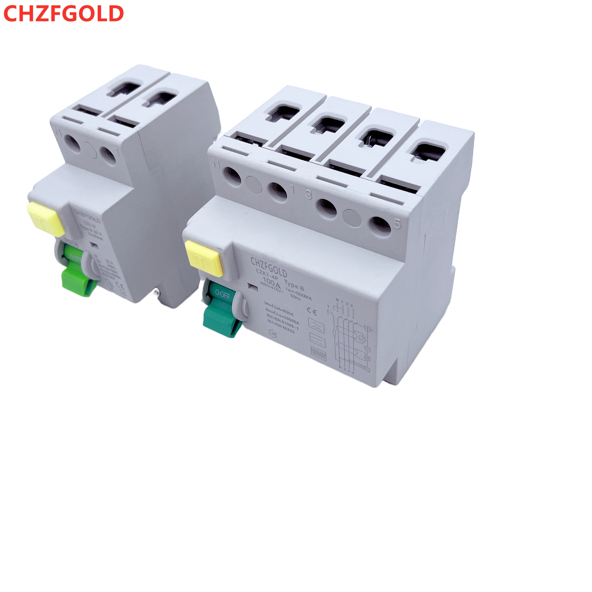 CHZFGOLD  EV solar DC differential switch, DIN rail leakage circuit breaker, 2P/4P, 63A, 30MA, 300MA, B-type slotted busbar 10KA