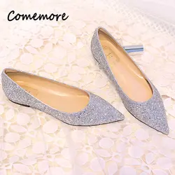 Comemore Fashion Elegant Silver Bling Glitter Flats Women Casual Pointed Flat Pumps New Party Dress Sequin Shoes Plus Size 44