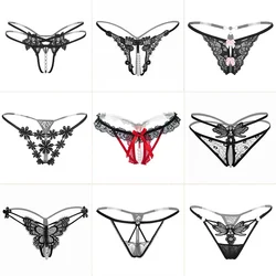 Pearl Massage Sexy Thong Hot Lace Embroidery Transparent Panties Women Sexy Lingerie Low Waist Hollowed Out T-back Femme Tangas