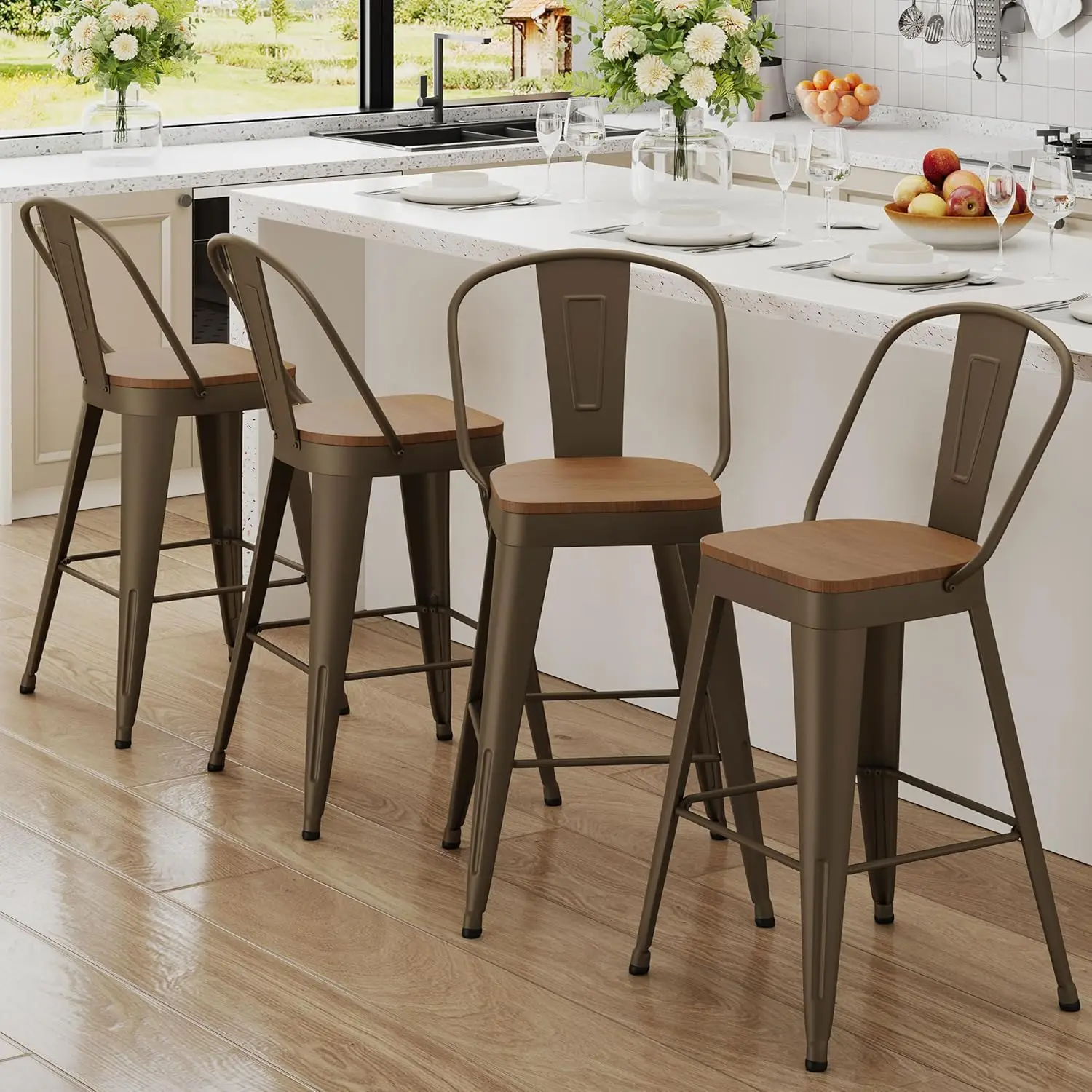 Metal Bar Stools Set of 4, 26' Counter Height with Backs, Farmhouse Modern High Back Kitchen Dining Chairs, Rusty