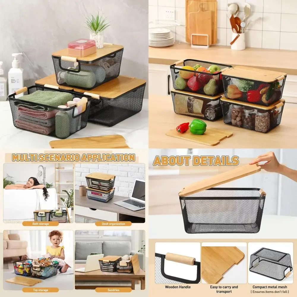 

Stackable Metal Wire Baskets with Wooden Handles & Bamboo Lids for Kitchen Storage (12.2x8.27x5.51, Black)