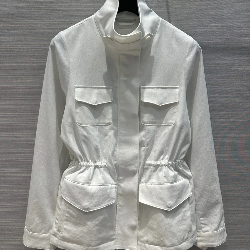 Women's Linen Jacket Solid Color Stand Collar Long Sleeve Casual Autumn Coat