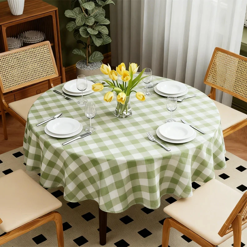 VIKAMA Light Green White Check Round Tablecloth Fresh Gingham Plaid Waterproof Stain Resistant Dining Table Cover
