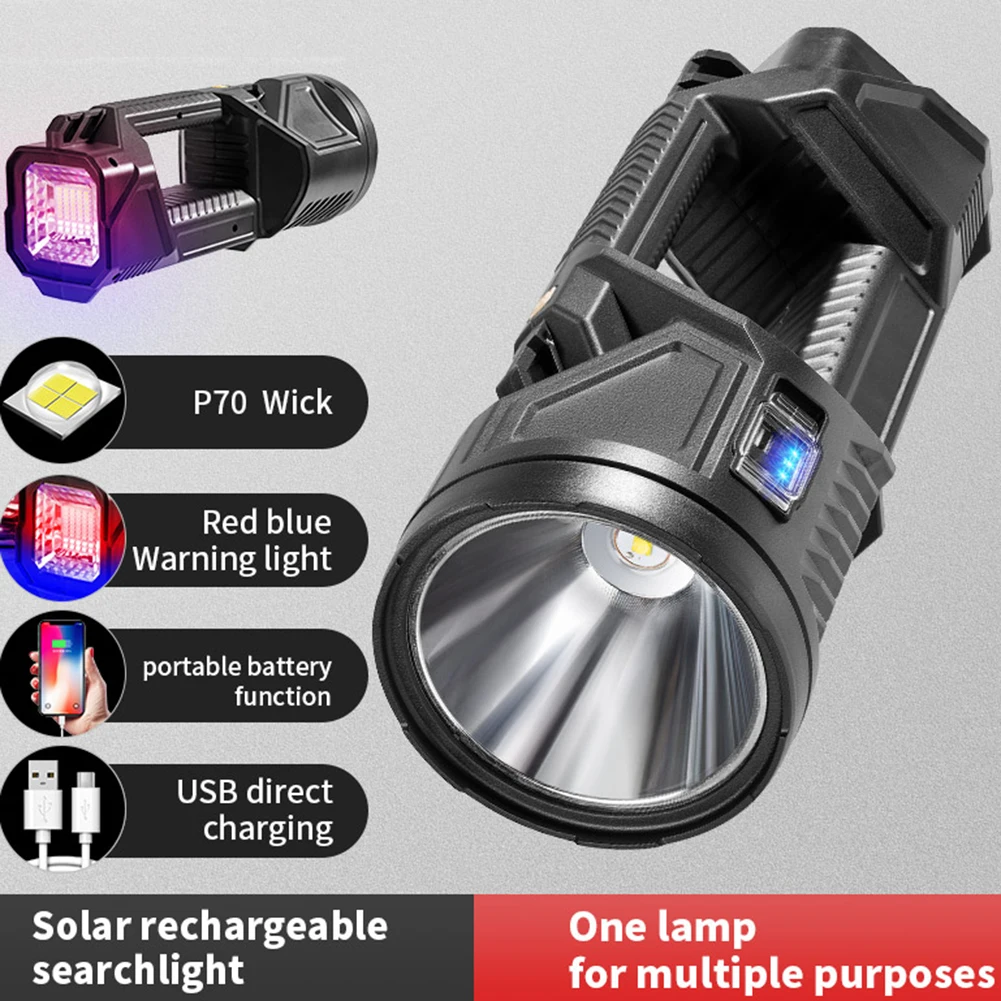 Double Head Portable Searchlight with Side Light Solar USB Rechargeable Armored Flashlight 18650 Power Bank Camping Repair Light