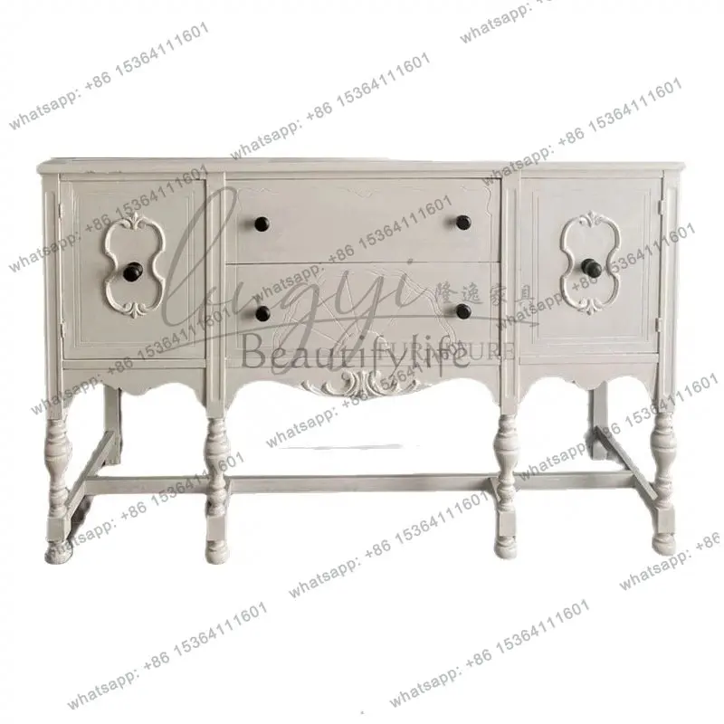 

French retro white side cabinet carved retro cream wind rack