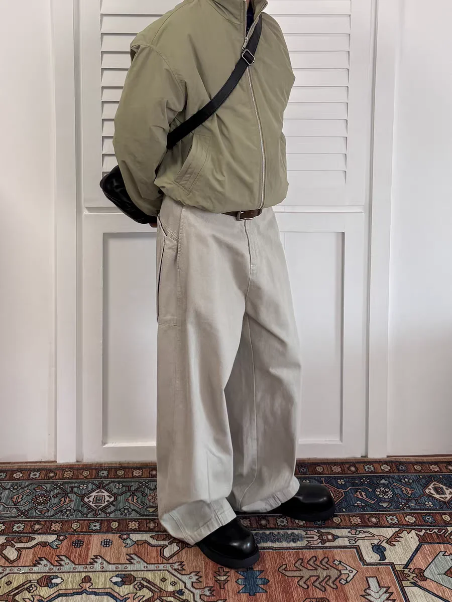 

Retro American Work Pants Men's Loose Wide Leg Straight Casual Trousers with Big kets Waed Casual Cotton Long Trousers