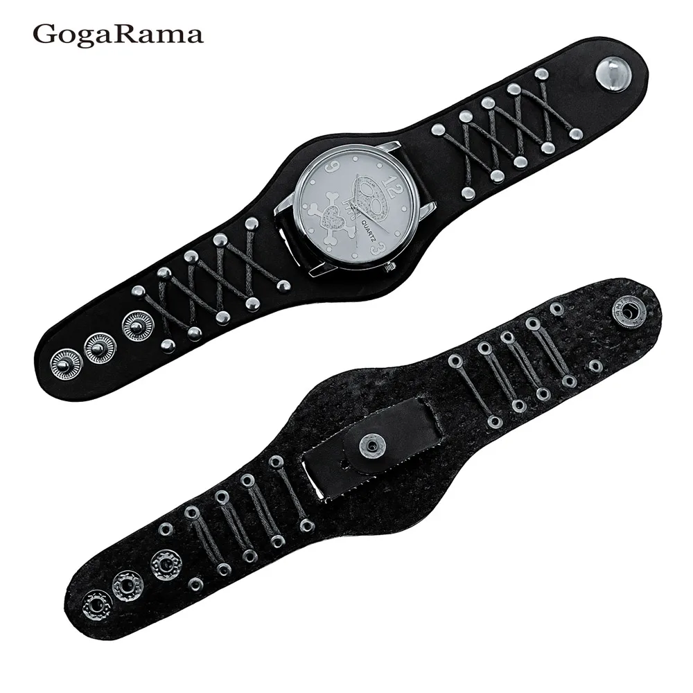 GOGARAMA-Reloj de pulsera de cuarzo para hombre, pulsera con botón de números de pesadilla antes de Navidad, correa de cuero, Calavera, Punk, regalos de cumpleaños y Halloween