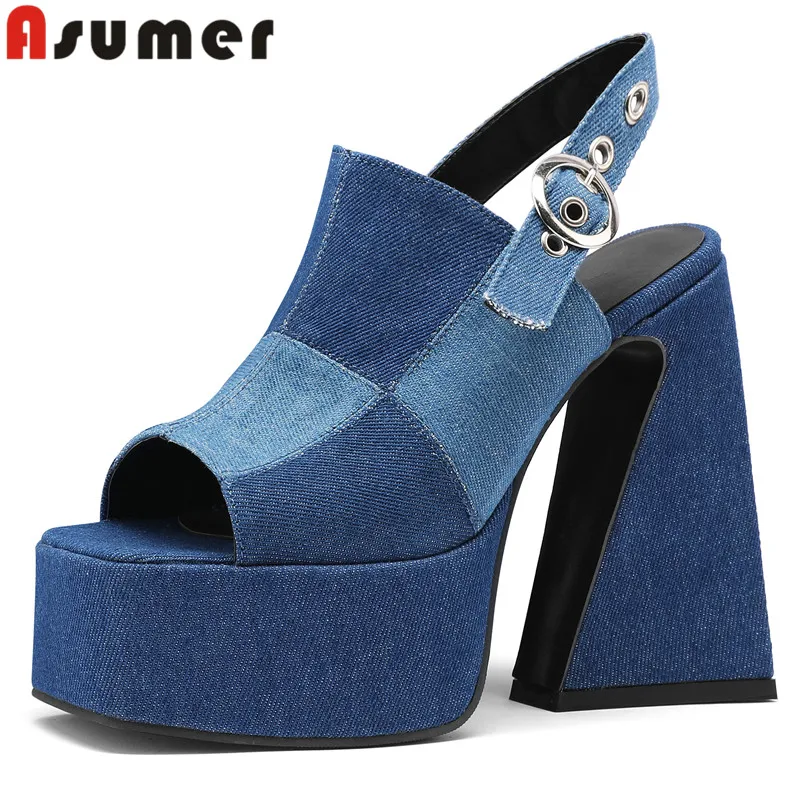 

ASUMER 2023 New Denim Mixed Colors Women Sandals Buckle Thick High Heels Shoes Fashion Ladies Peep Toe Party Platform Sandals