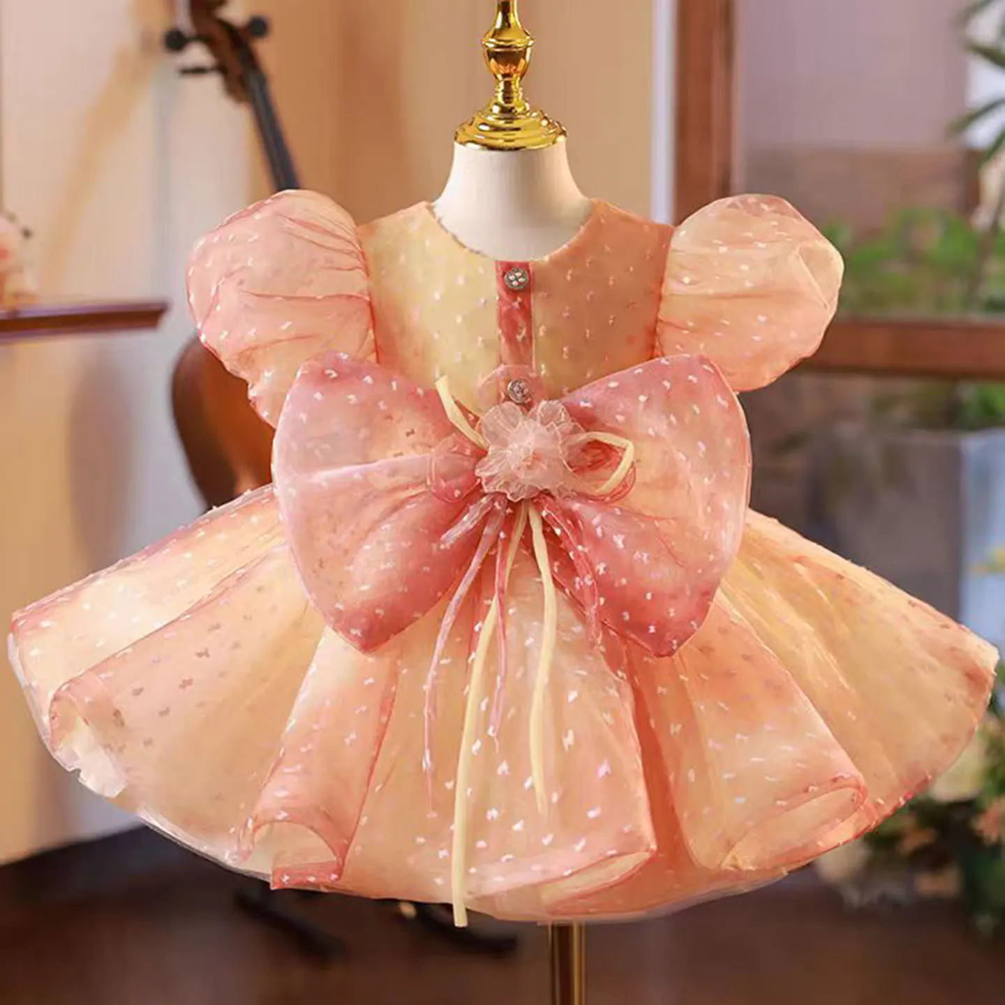 Dreamy Vow Adorable Baby Girl Dress Puffed Sleeve Tulle Bowed for Kids 1st Birthday Party Princess Knee Length Ball Gown J103