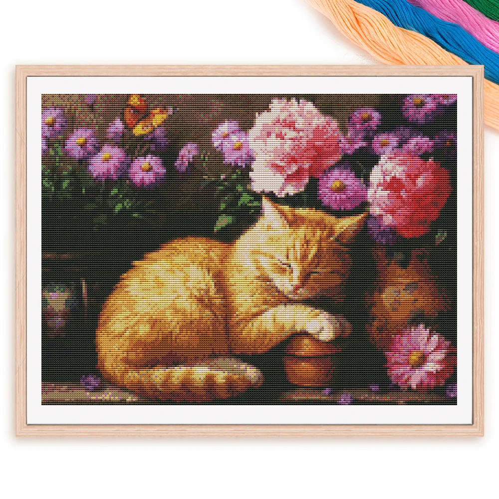 

Pre-Printed Cross Stitch Kit Easy Pattern Stamped Fabric Embroidery Sleeping Cat Peony Animal Flower Themed