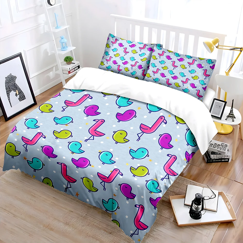 Cartoon colorful birds on background Duvet Cover Set Digital Print Colorful Polyester Bedding with Zipper Closur for kids gifts