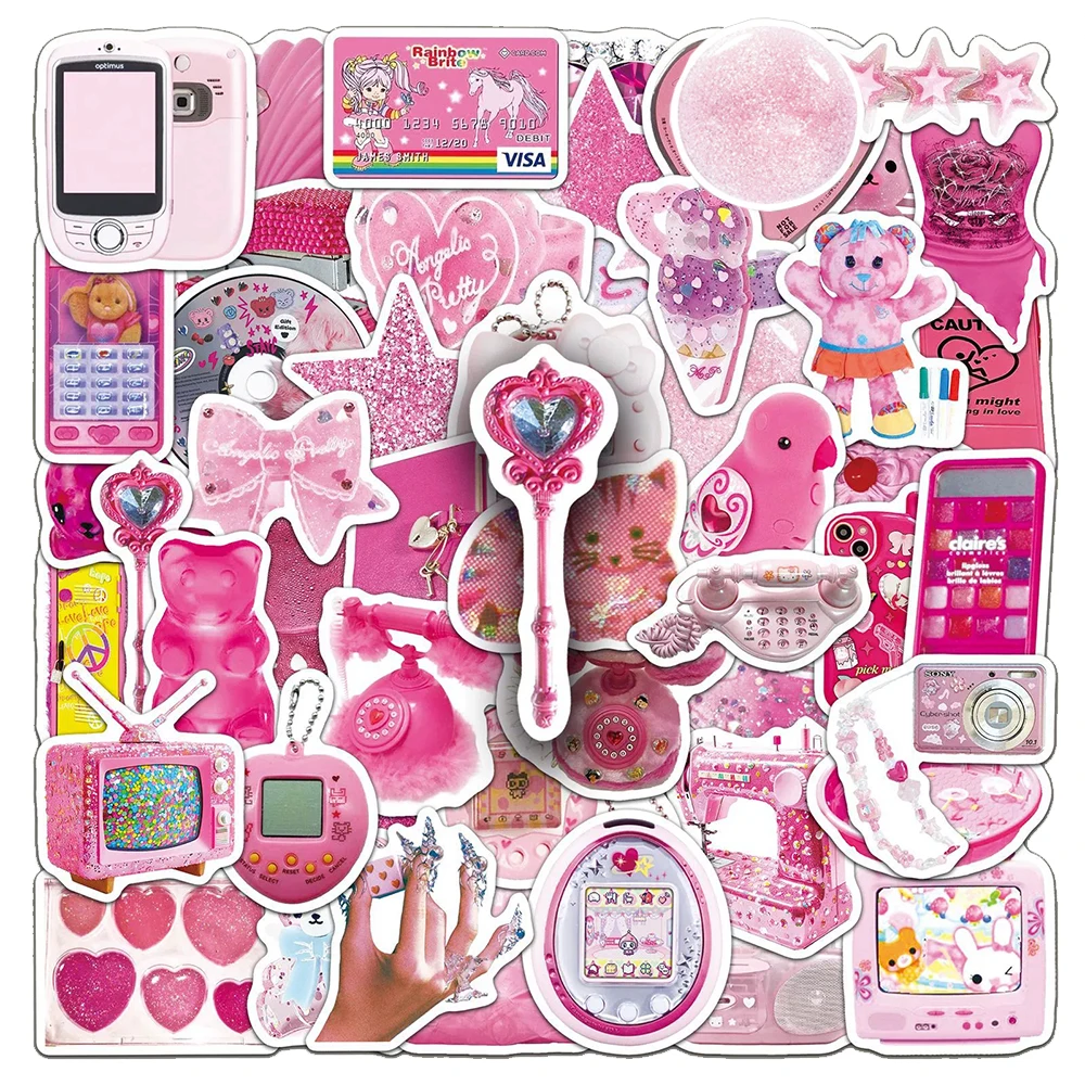 10/30/50 Stück Rosa Y2K Ästhetische Graffiti-Aufkleber Vintage Cartoon-Sticker DIY Schreibwaren Kühlschrank Koffer Wasserdichte Retro-Aufkleber