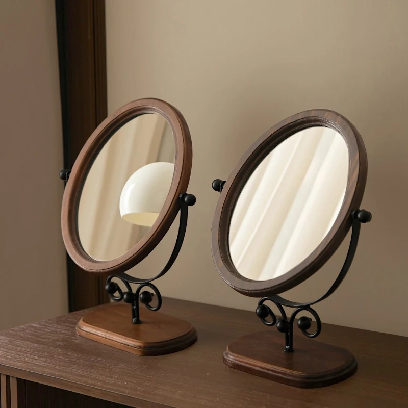 

Retro light luxury solid wood cosmetic mirror Home desktop wooden Chinese vertical rotatable cosmetic mirror Desktop mirror