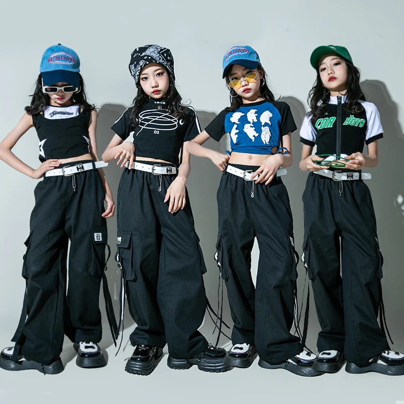 Hip Hop Girls T-shirt Street Dance Black Solid Cargo Pants Children Streetwear Crop Top Clothes Set Kids Sweet Jazz Costumes