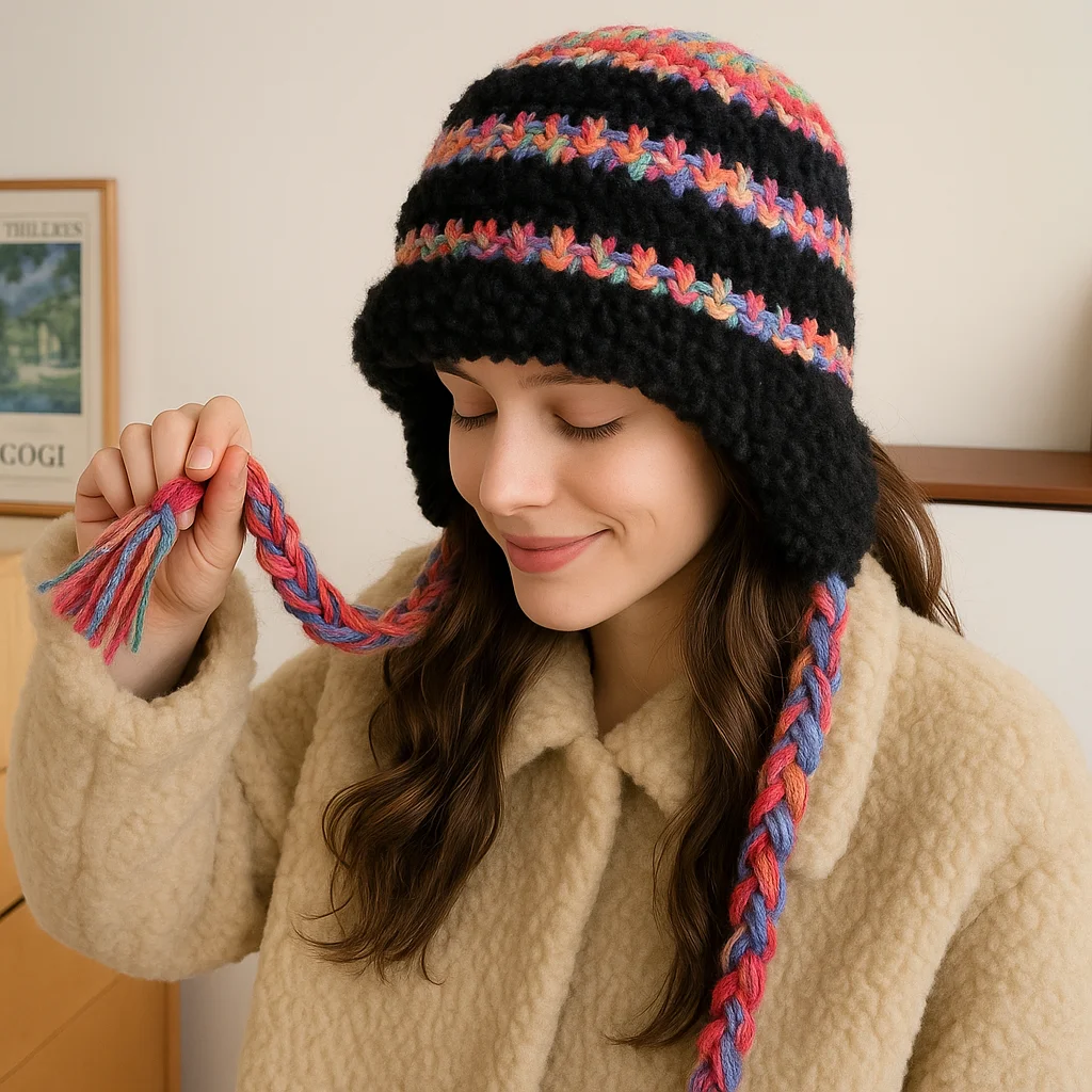 

Winter Plush Hat for Women Custom Knitted Beanie with Ear Flaps Thermal Warm Cap for Ski Cycling Outdoor Sports 9300 509074