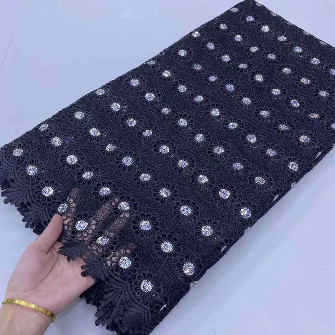 Black High Quality African Sequin Milk Silk Lace Fabric Sequin French Mesh Milk Silk Lace Fabric For Nigerian Party Dress A658-1