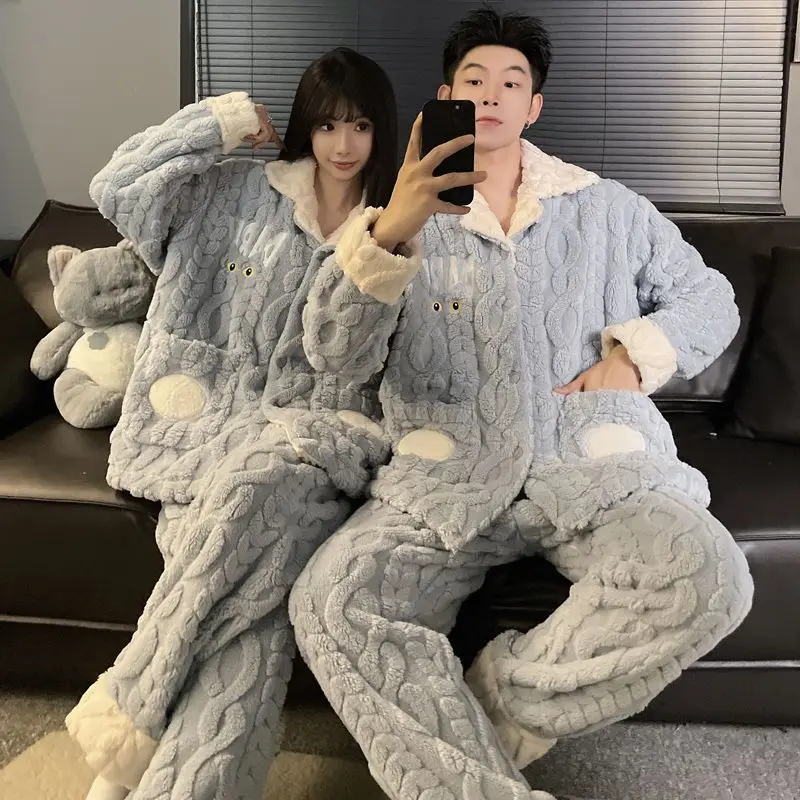 Couple Pajamas for Men Fleece Winter Sleepwear Korean Sleeping Night Wear Patchwork Pijama 2 Pcs Pant Sets Warm Pocket Home Suit