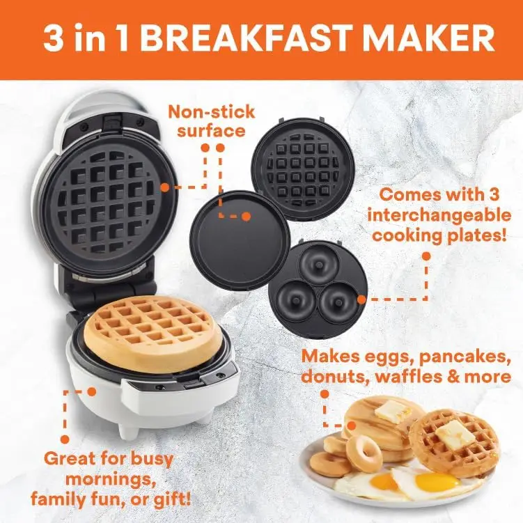 Mini colazione 3 in 1: preparare uova, pancake, ciambelle, waffle e più in un apparecchio 3 piastre di cottura antiaderenti rimovibili
