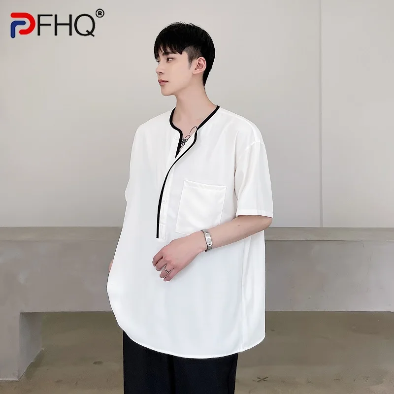 

PFHQ New Contrasting Wrapped Casual Round Neck Short Sleeved Shirt 2024 Contrast Color Korea Fashion Male Tops 21Z5608