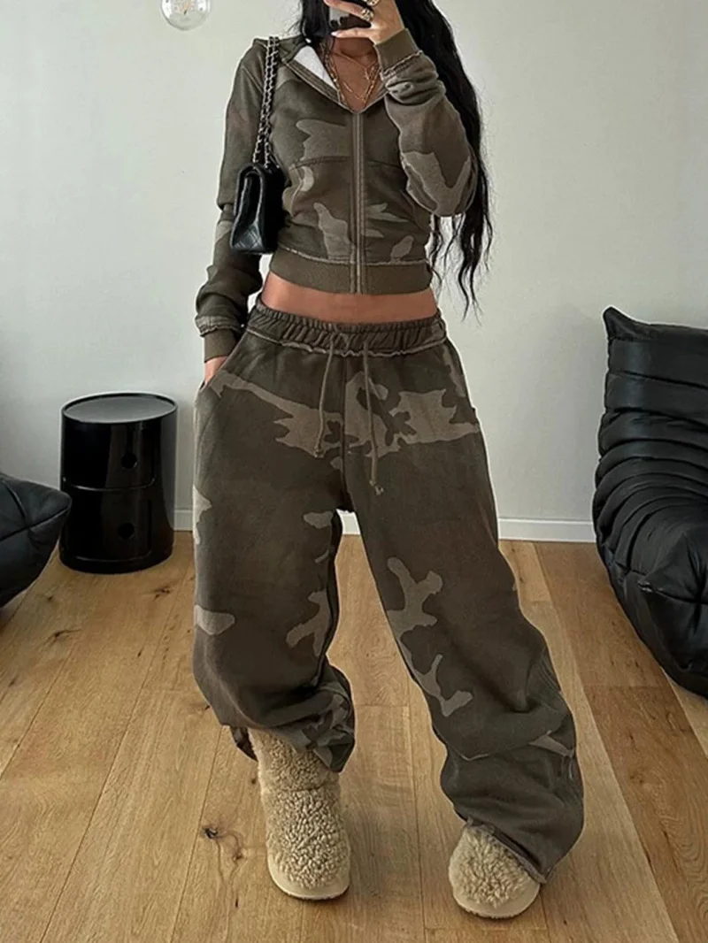 Modisches Camouflage-Print 2-teiliges Set Damen-Outfit Herbstkleidung Damen 2026 Reißverschluss-Kapuzenoberteil und Hose Anzug Lässiger Trainingsanzug