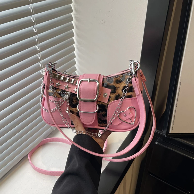 Y2k Mädchen-Umhängetasche mit Nieten und Leopardenmuster, Handtasche im Motorrad-Stil mit Metallnieten und Gürtelschnalle, Damen-Umhängetasche – Detail 3
