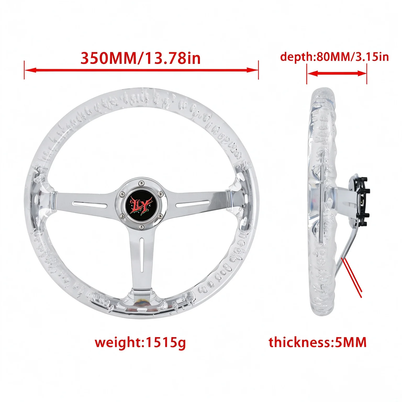 LY Universal 14 Inch Transparent Bubble Acrylic Racing Steering Wheel 3 Spoke Aluminum Deep Dish JDM Drift Sport Steering Wheel