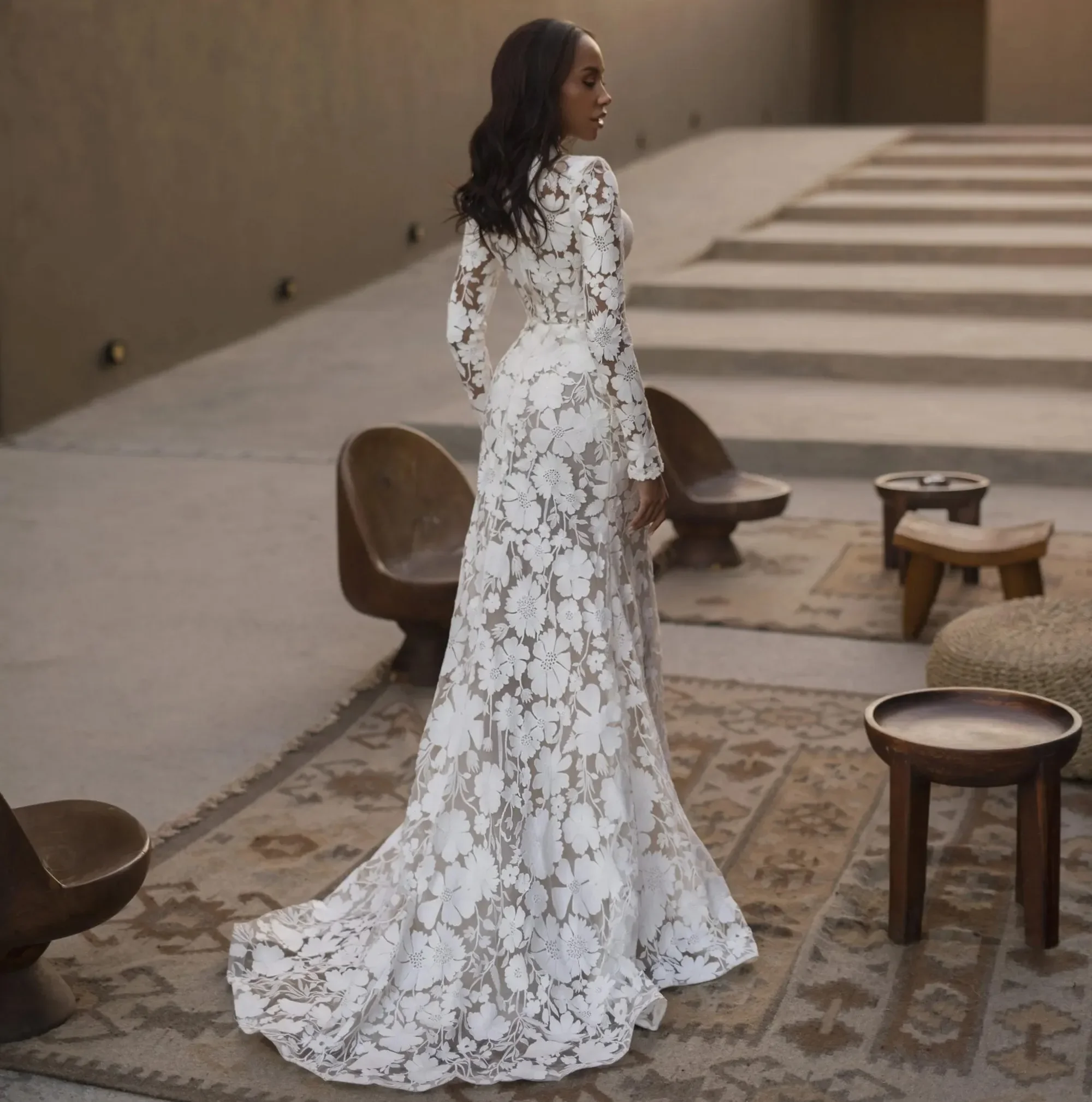 Customzied Luxury Elegant Mermaid Wedding Dresses High Neck Long  Sleeves  Lace Bridal Bride Gowns Vestidos De Noiva