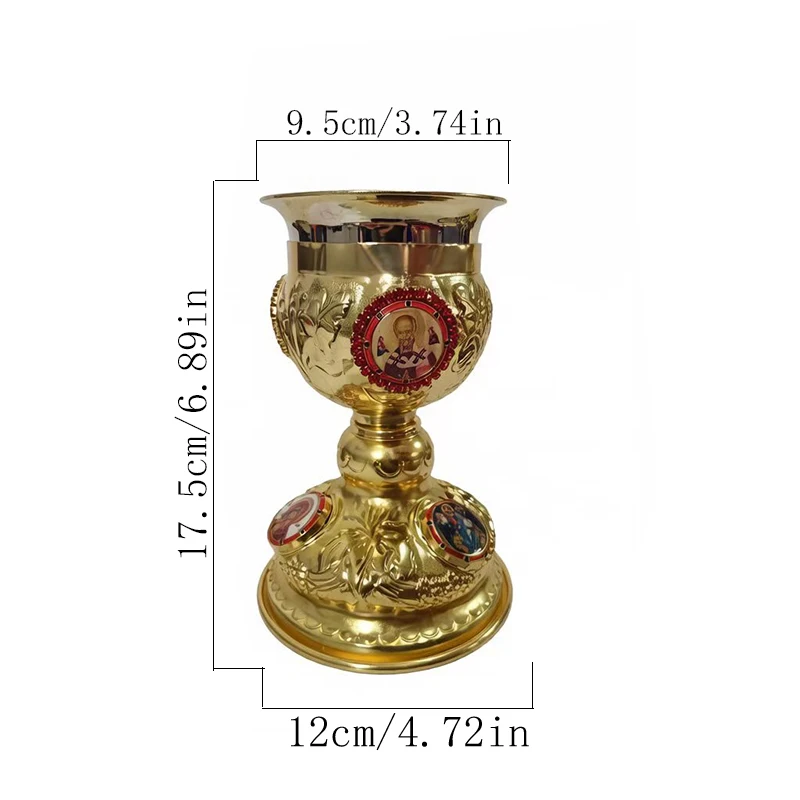 New Gold Plated Orthodox Communion Chalice with Enamel Icon Reliefs for Christian Church Altar Liturgy and Eucharist Service Use