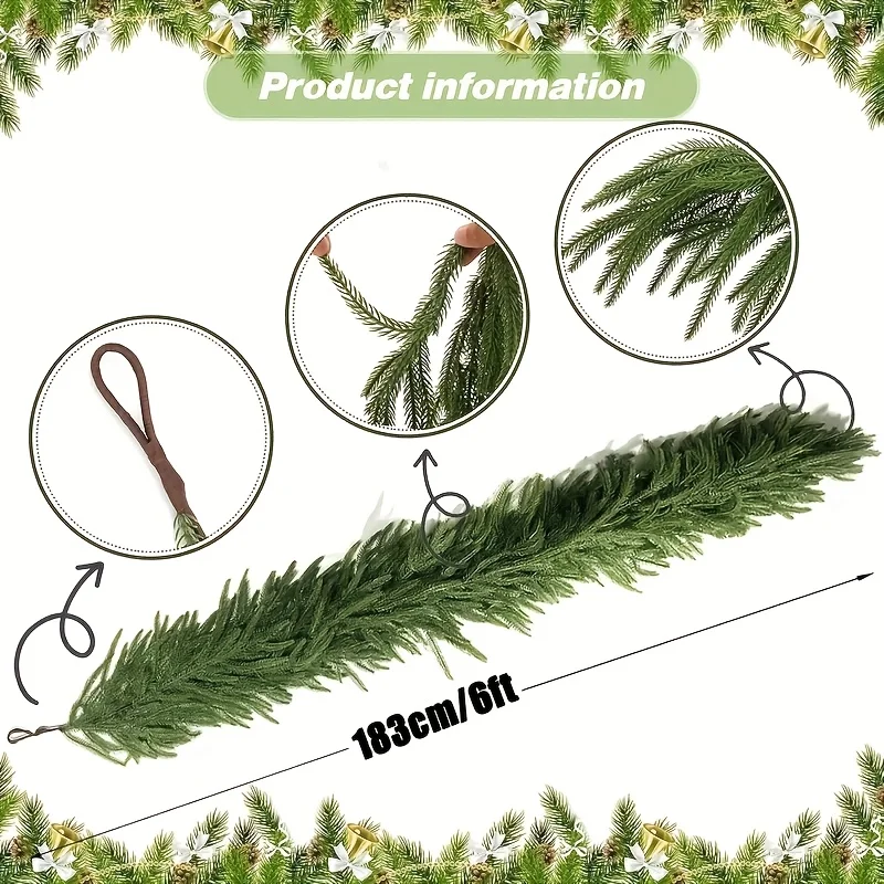 6ft الأخضر فو النرويج الصنوبر المخروط إكليل يشعر الحقيقي الحياة فروع الصنوبر ديكور الجدار والباب ، اكاليل عطلة للمنزل ، زينة عيد الميلاد #6
