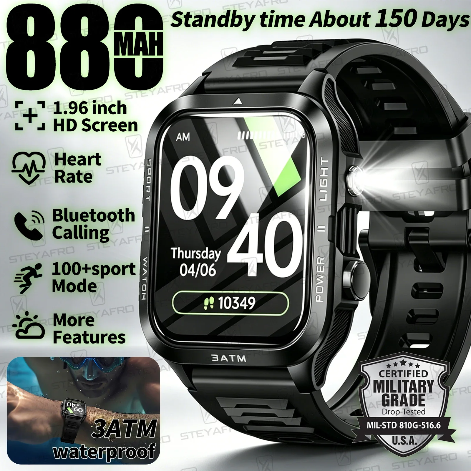 Military Grade SmartWatch Men LED Flashlight Waterproof Sport Fitness Tracker Health Monitor BT Call Smart Watch For Android iOS