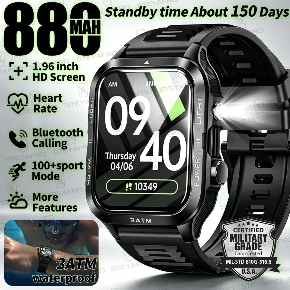  Military Grade SmartWatch Men LED Flashlight Waterproof Sport Fitness Tracker Health Monitor BT Call Smart Watch For Android iOS 
