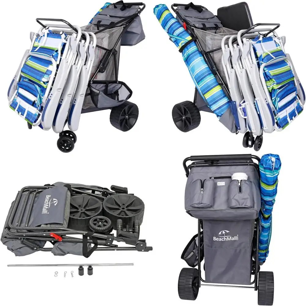 عربة شاطئ بعجلات كبيرة للرمل، عربة ذات عجلات واسعة مع مبرد معزول، لوح الجسم، وحامل المظلة