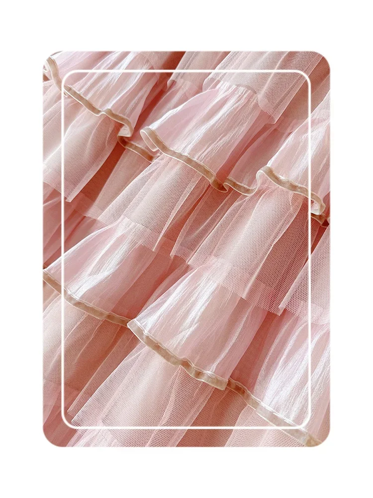 Süßer, bauschiger Tüll-Midirock für Damen, hohe Taille, gestufte Rüschen, A-Linie, süßer Stil, für Hochzeitsgäste, Einheitsgröße, Polyester – Detail 8