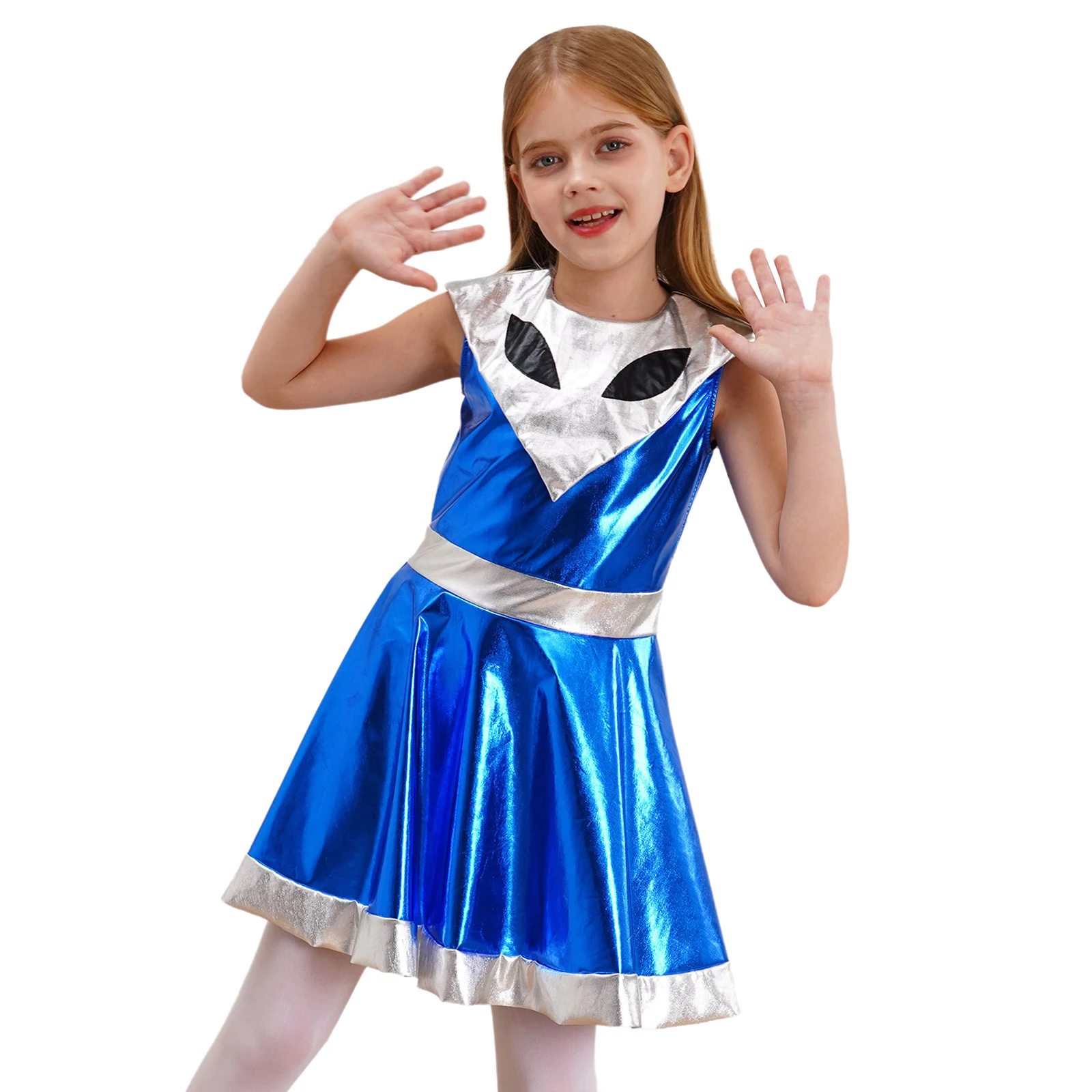 Kids Girl Halloween Alien Robot Spacemen Astronaut Cosplay Costume  Robot Outer Space Dress Metallic A-line Arnival Dress Up