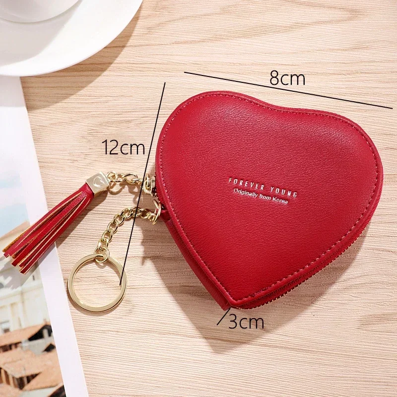 PU Leather Tassels Zipper Mini Clutch Key Ring Coin Money Bag Girls Cute Small Purse Fashion Heart Shape Women's Wallets