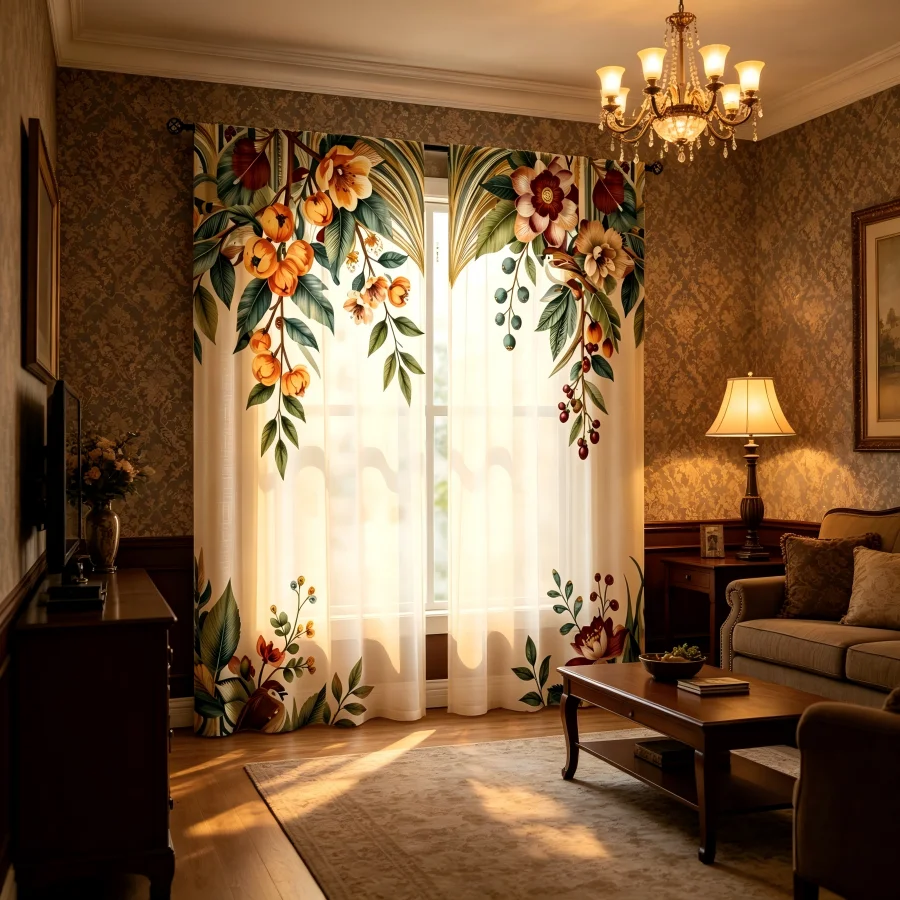 2PCS Digital Print Sheer Curtain, Flower Leaf Berry Fruit Botanical Nature Window Drapes for Living Room Bedroom Home Decor