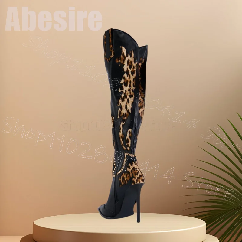 Leopard Print Black Leather Pointy Toe Boots Side Zipper Women Shoes Thin High Heels Party Feast Dating 2025 Zapatos Para Mujere