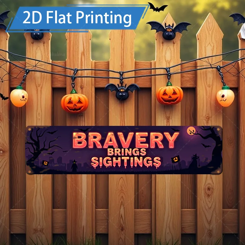 قطعة واحدة من لافتة معدنية، لافتة شجاعة للهالوين مقاس 4 × 16 بوصة مع أضواء اليقطين والخفافيش للديكور الاحتفالي #1