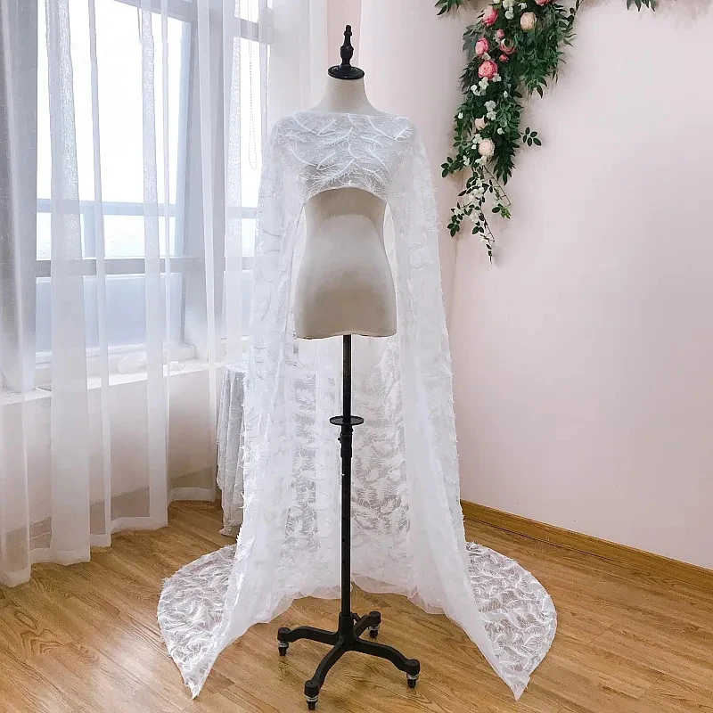 

Customized Elegant Wedding Wrap Feather Lace Long Capes Short front Long Back Romantic Bridal Shawl Capes DJ122