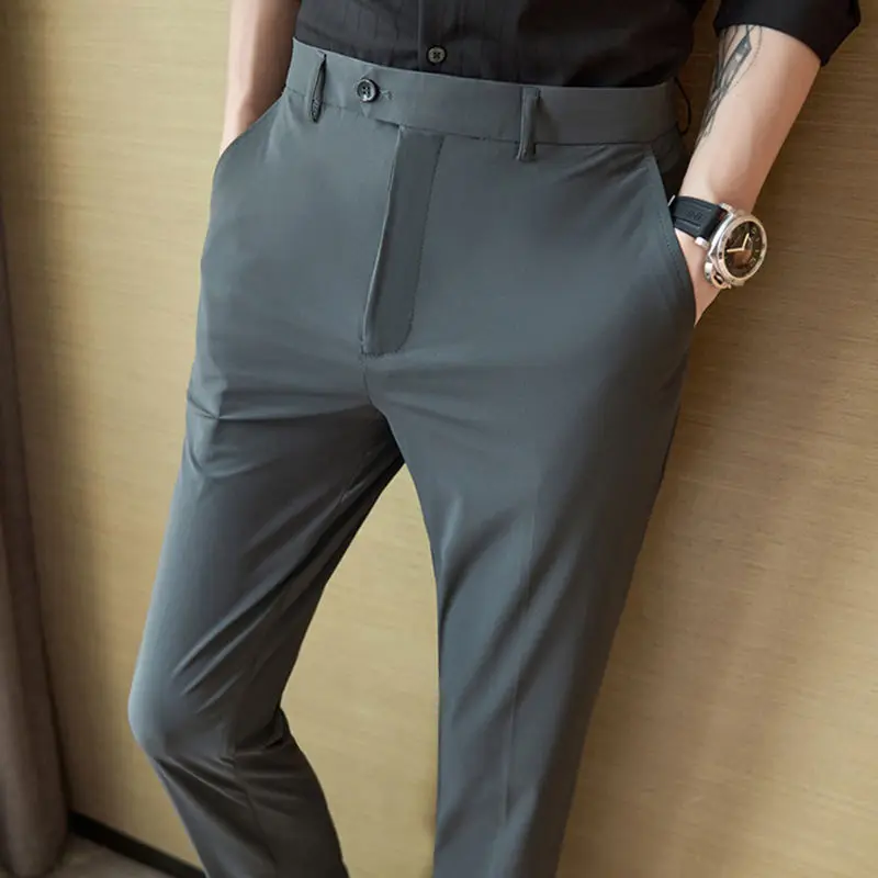 Fashion Men Slim Fit Dark Gray Smart Casual Suit Pants Spring Summer New Ice Silk High Elasticity Business Cropped Trousers 2024