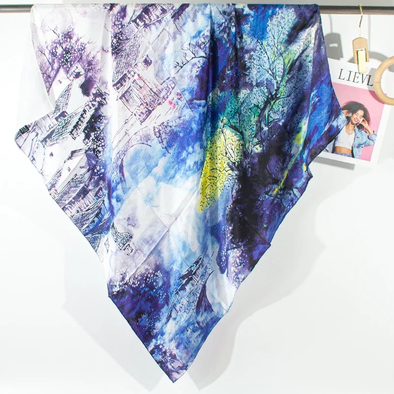 Women's 100% Pure Mulberry Silk Scarf Blue Watercolor Landscape Soft Square Shawl Large Fashion Wrap in Silk Fabric
