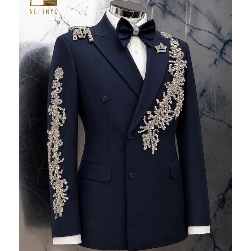 Unique Design Beaded Stones Suits Men Slim Fit Shawl Label Jacket Pants 2 Piece Set Groom Formal Party Wedding Tuxedos Outfits
