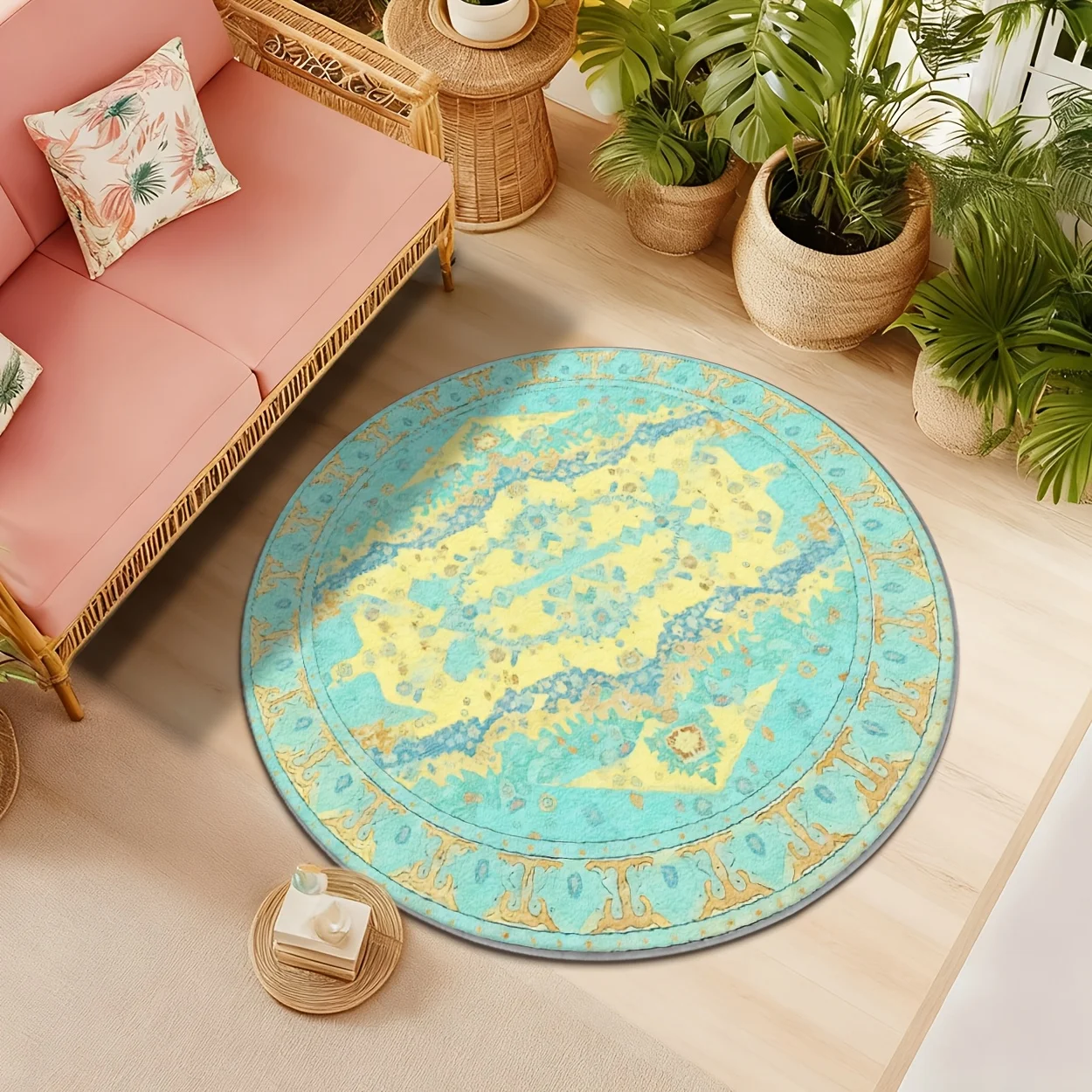 Abstract aqua yellow circular rug 2D printed splash pattern floor mat for dance studio coffee shop entrance